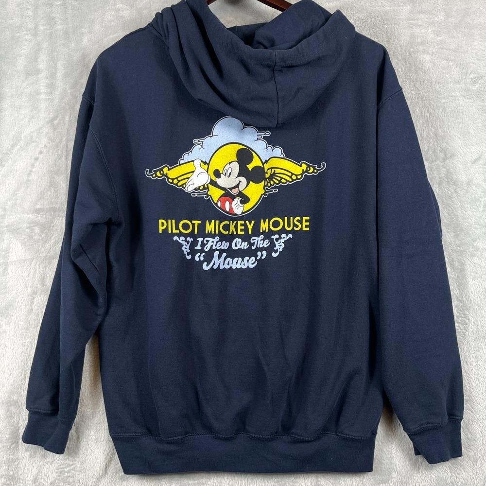 VTG Disney Mens L Pilot Mickey Mouse Hoodie Navy Graphic Pullover Y2K Wings - Picture 3 of 10